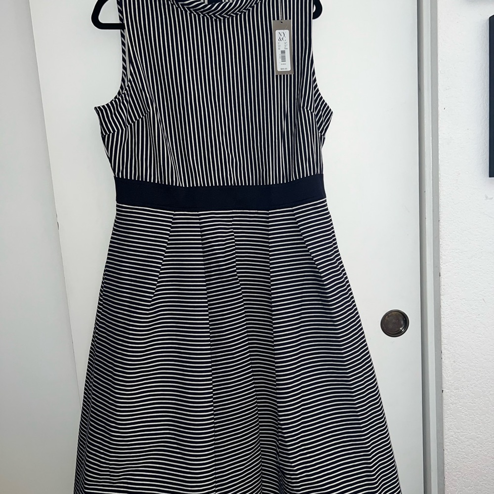 Eva Mendes Navy Blue and White A-Line Midi Dress